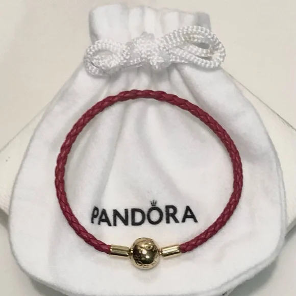 🌹🍃New Authentic Pandora Red Woven Leather 18k Gold Shine Round Clasp Bracelet🍃🌹 - Picture 2 of 9